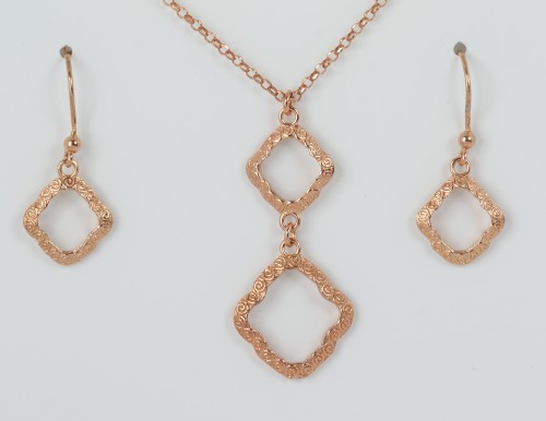 Rose Gold Plating on Sterling Silver Open Diamond Shape Drop Earrings and Pendant